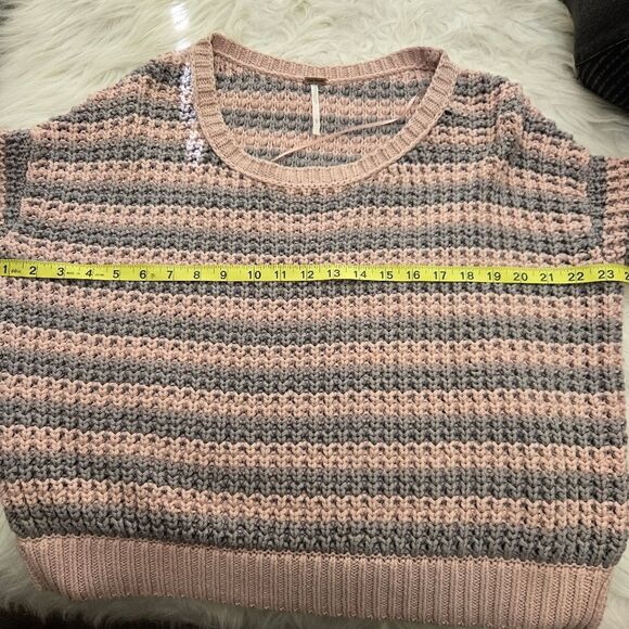 FREE PEOPLE Striped Oversized Chunky Cotton Knit Sweater Sz XS Pink Gray - Picture 10 of 12